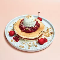 Photo des pancakes d'été cerise et glace à la verveine chez Haven Annecy.